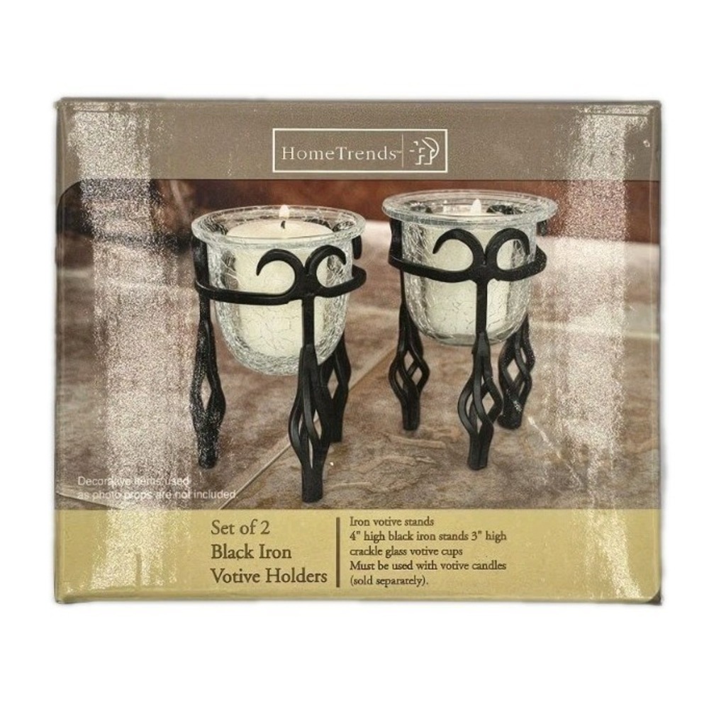Home Trends Crackle Glass & Black Iron Metal Votive Holders Set of 2 Red Votives